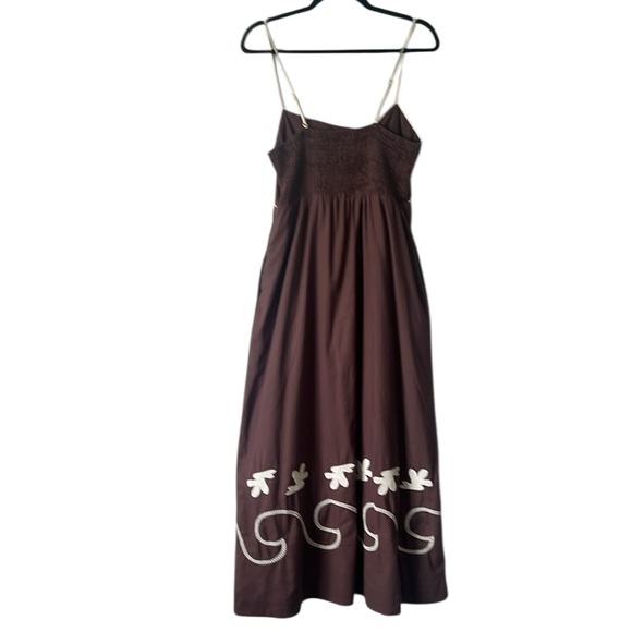 Mon Renn Brown Cream Embroidered Smock Back Midi Sundress Pockets US Large - Picture 9 of 14